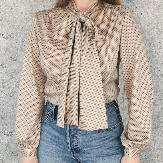 60's Soft Light Geometric Polka Dot Tie Neck Button Up Blouse Top