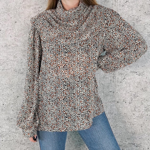 Vintage Delicate Sheer Leopard Print Draped Neck Blouse Top Shirt