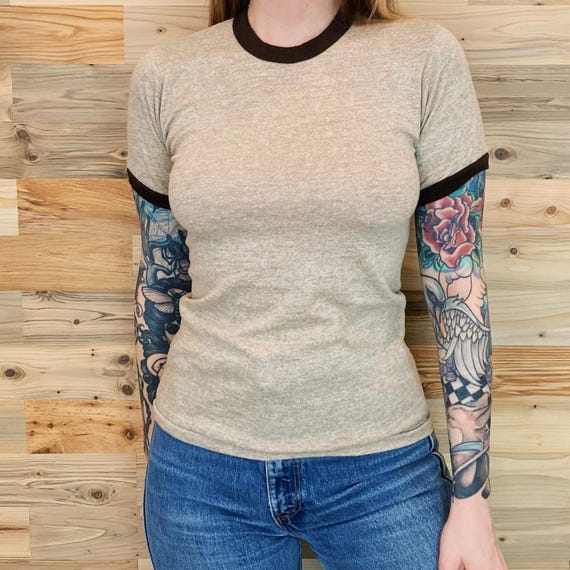 70's Vintage Soft Coffee Brown Baby Ringer Tee Shirt T-Shirt / Youth Tag, Women's XS-Small