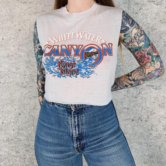 80's Kings Island White Water Canyon Vintage Paper Thin Threadbare Cropped Tee Shirt T-Shirt