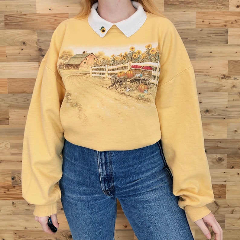 Vintage Collared Sunflower Farmhouse Pullover Sweatshirt Top image 4