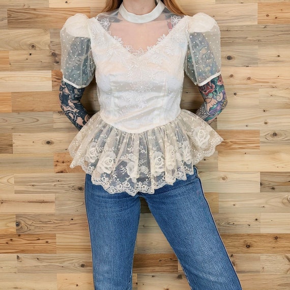 Vintage Romantic Ivory Lace Delicate Peplum Blouse