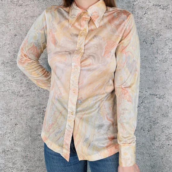 60's Vintage Light Polyester Dagger Collar Pastel Marble Print Shirt