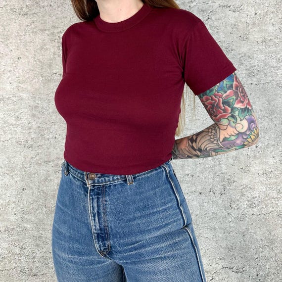 80's Vintage Russell Athletic Soft Burgundy Crewneck Tee Shirt T-Shirt