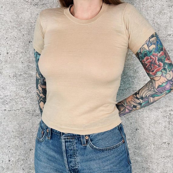 70's Vintage Soft Thin Beige Baby Tee T-Shirt / Youth Size