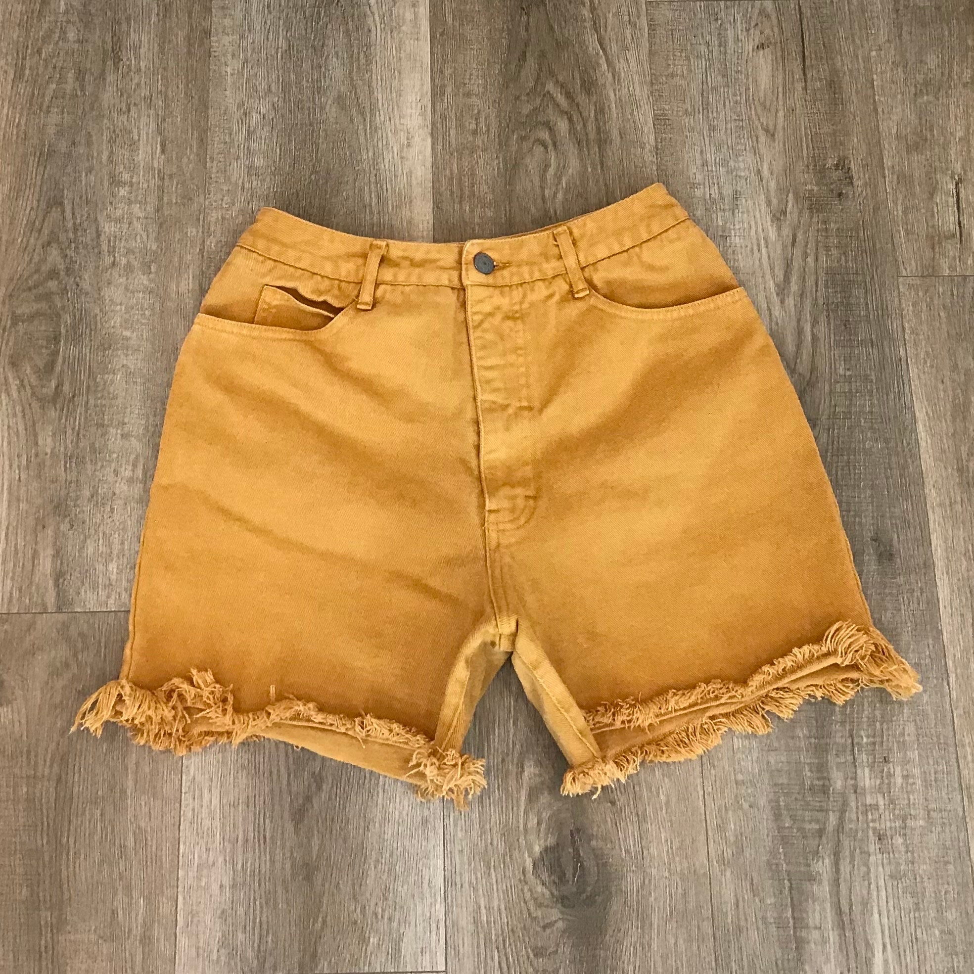 Mustard denim shorts cheap