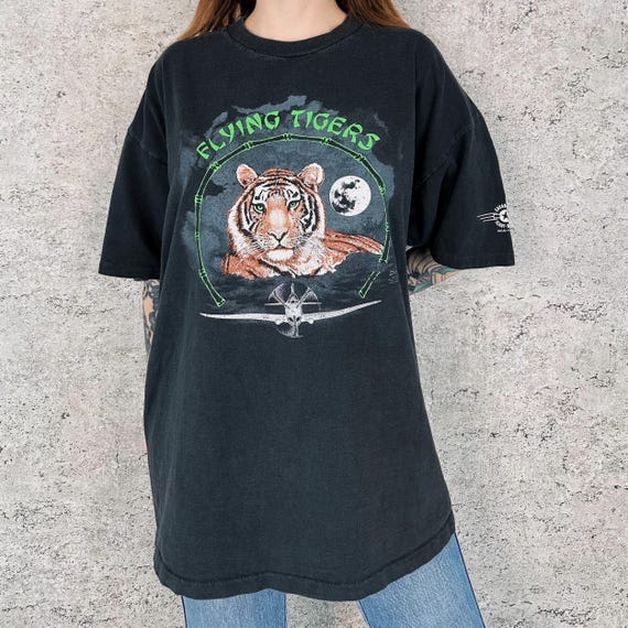 1992 Vintage Flying Tigers Faded Black Tee Shirt T-Shirt