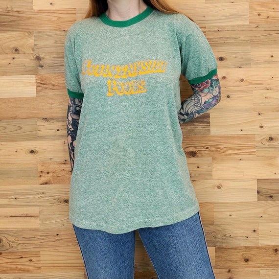 70's Vintage Countrywide Pools Green Ringer Tee Shirt T-Shirt