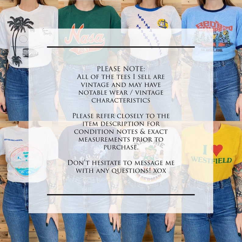May include: A collage of vintage t-shirts, each with unique graphics and designs. The shirts feature text and images, including a palm tree, the word "Nasa", and the phrase "I love Westfield". The text in the image reads: "PLEASE NOTE: ALL OF THE TEES I SELL ARE VINTAGE..."
