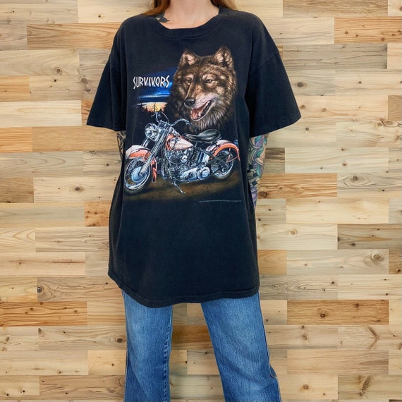 Vintage Harley Davidson 3D Emblem Survivors Wolf Biker Tee Shirt T-Shirt
