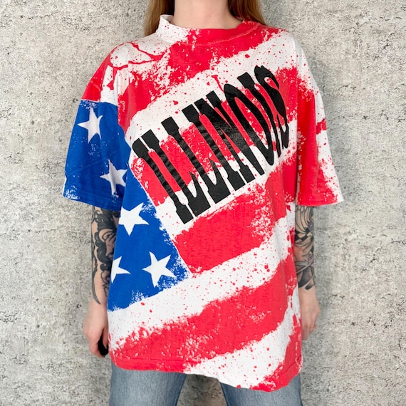 Vintage American Flag Illinois USA All Over Print Tee Shirt T-Shirt