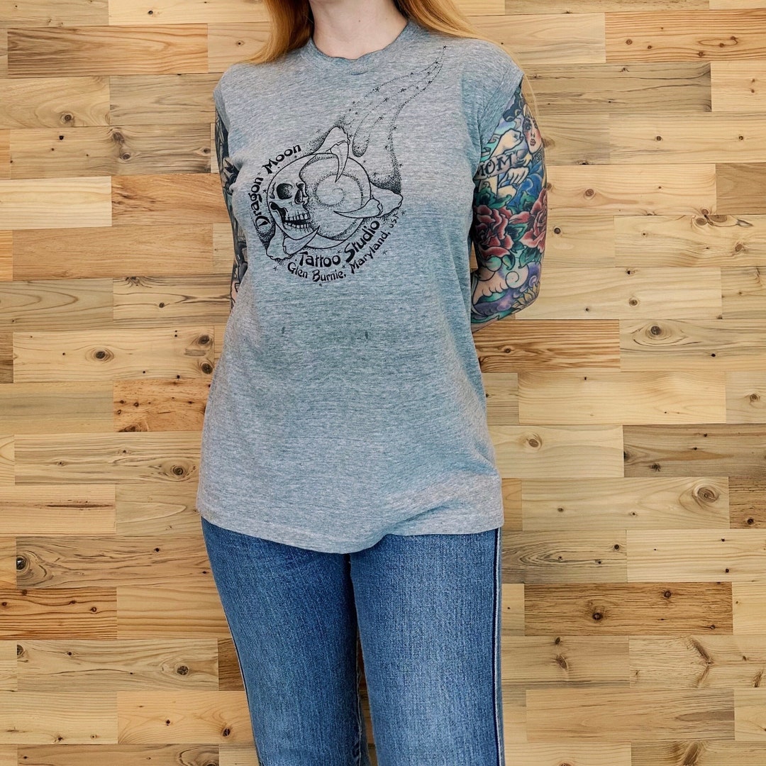 80's Vintage Paper Thin Soft Sleeveless Dragon Moon Tattoo Studio Glen