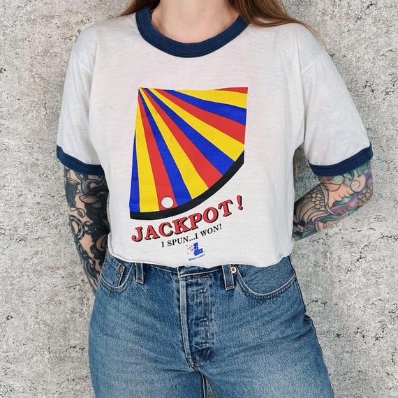 1980's Jackpot Spun and Won Lottery Cropped Vintage Ringer Tee Shirt T-Shirt