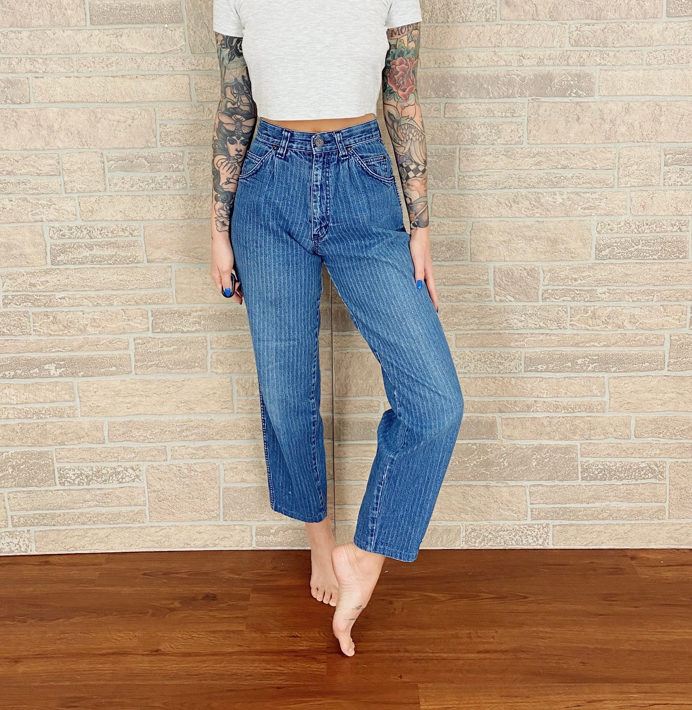 70's Pinstriped High Rise Jeans / Size 23 24