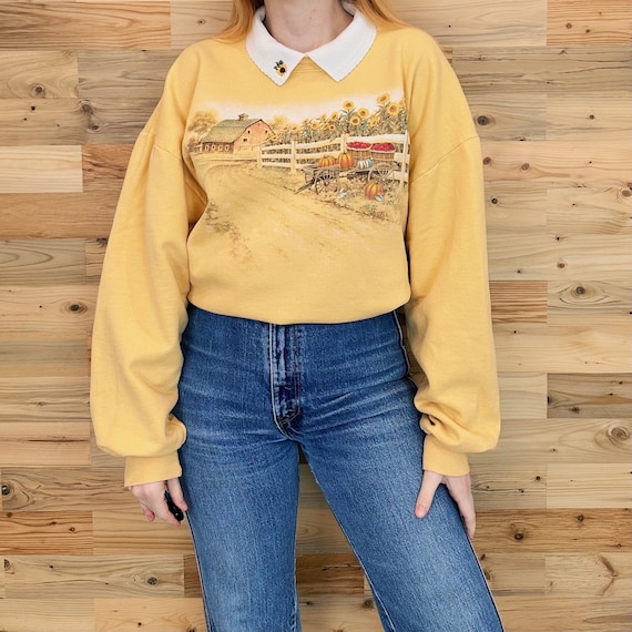 Vintage Collared Sunflower Farmhouse Pullover Sweatshirt Top