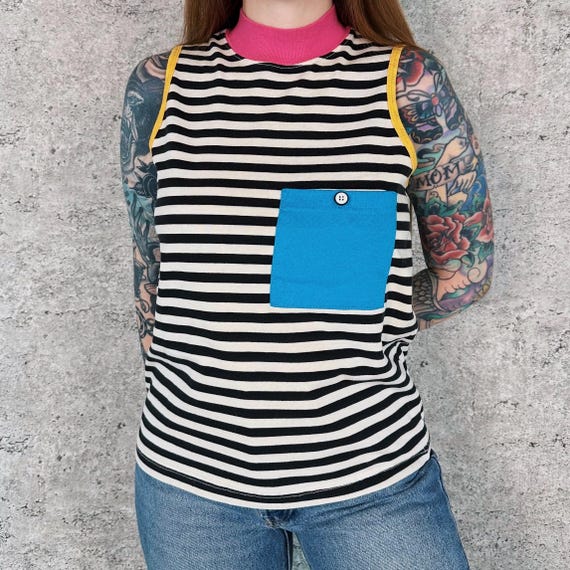 Striped Colorblock Mock Neck Sleeveless Tank Top Shirt