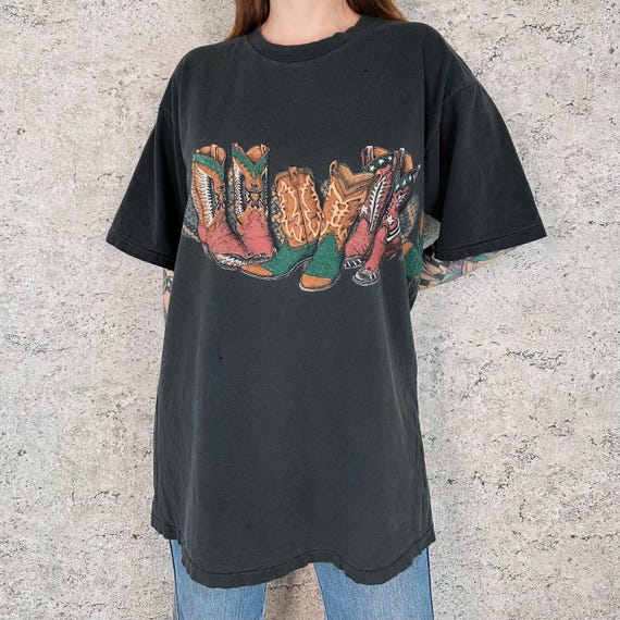 90's Western Cowboy Boots Faded Worn Vintage Tee Shirt T-Shirt