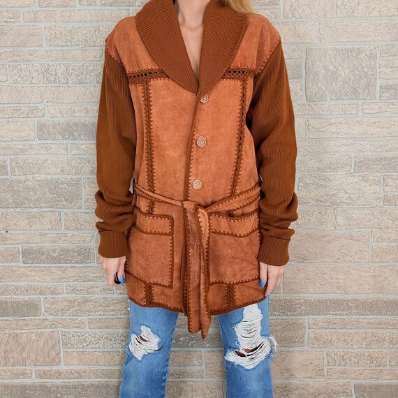 60's Terracotta Patchwork Suede and Macrame Knit C
