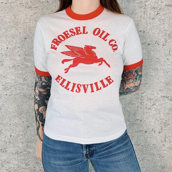 80's Vintage Froesel Oil Co. Ellisville Gas Station Soft Thin Ringer Tee Shirt T-Shirt