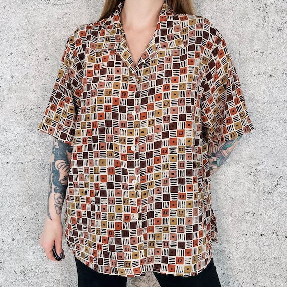 Retro Geometric Print Button Up Light Vintage Collared Blouse Shirt