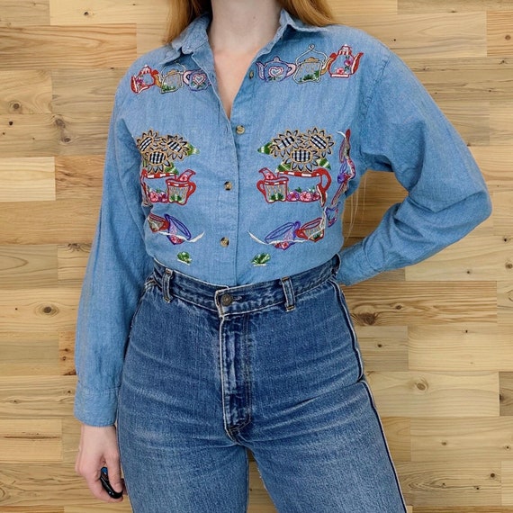 Vintage 90's Embroidered Garden Tea Party Collared Button Up Shirt Blouse Top