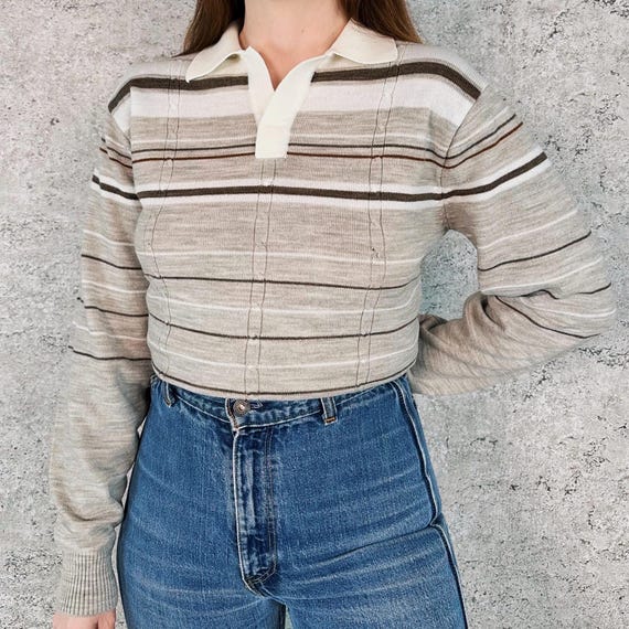 1970's Striped Knit Collared Preppy Sweater Top Shirt
