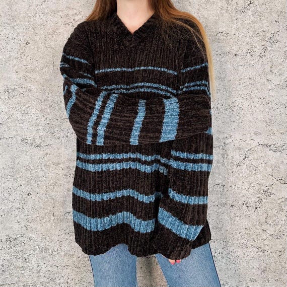 90's Plush Soft Chenille Knit Striped Pullover Sweater Top