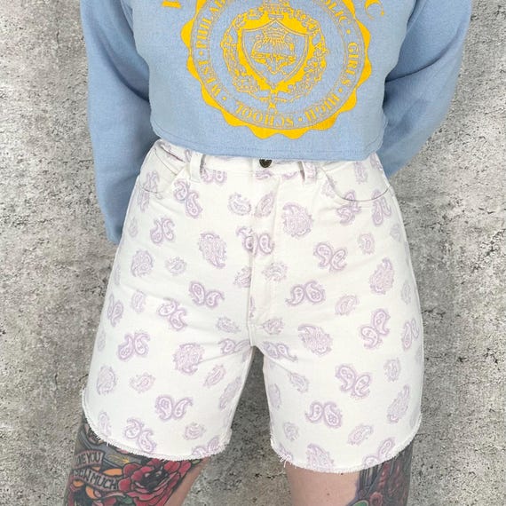 Paisley Print Vintage High Rise White Denim Cut Off Jean Shorts / Size 25