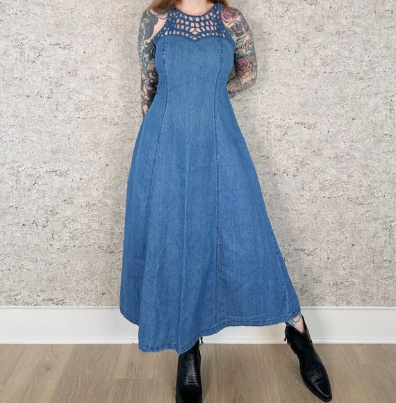 90's Vintage Denim Sweetheart Maxi Dress