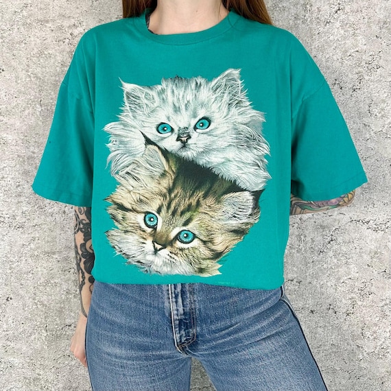 90's Cropped Kittens Print Vintage Tee Shirt T-Shirt