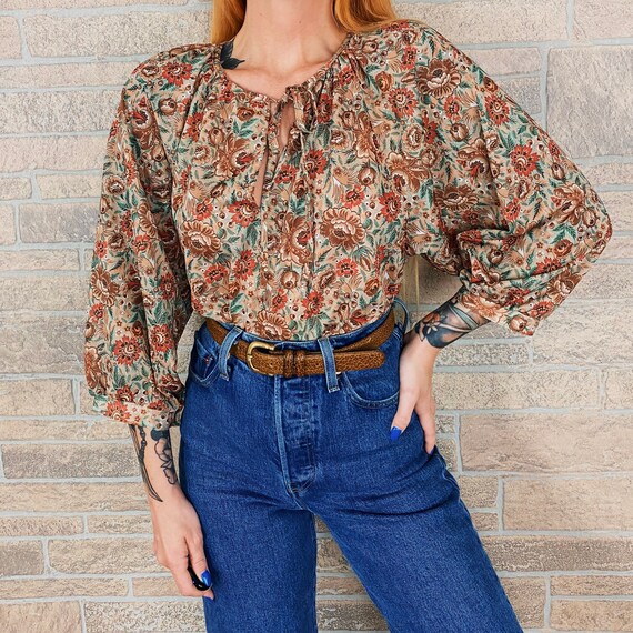 60's Floral Print Peasant Top Blouse