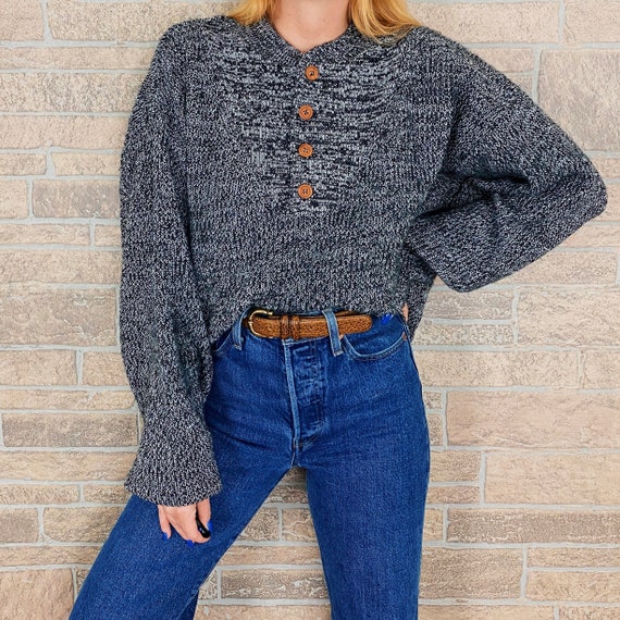 Charcoal Chunky Knit Henley Sweater