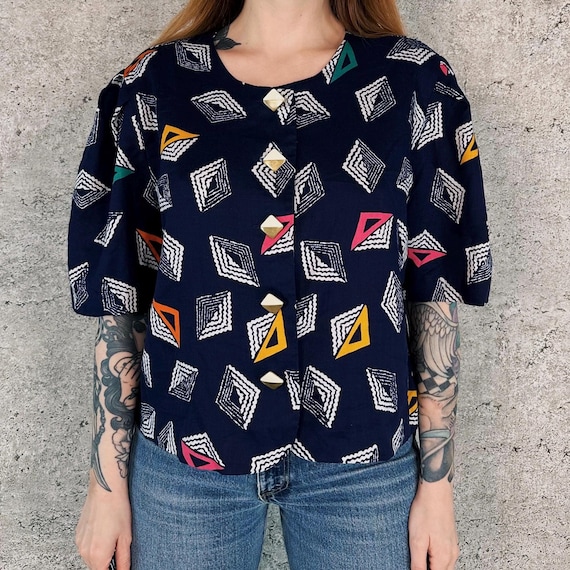 Vintage Geometric Button Up Retro Boxy Blouse Top