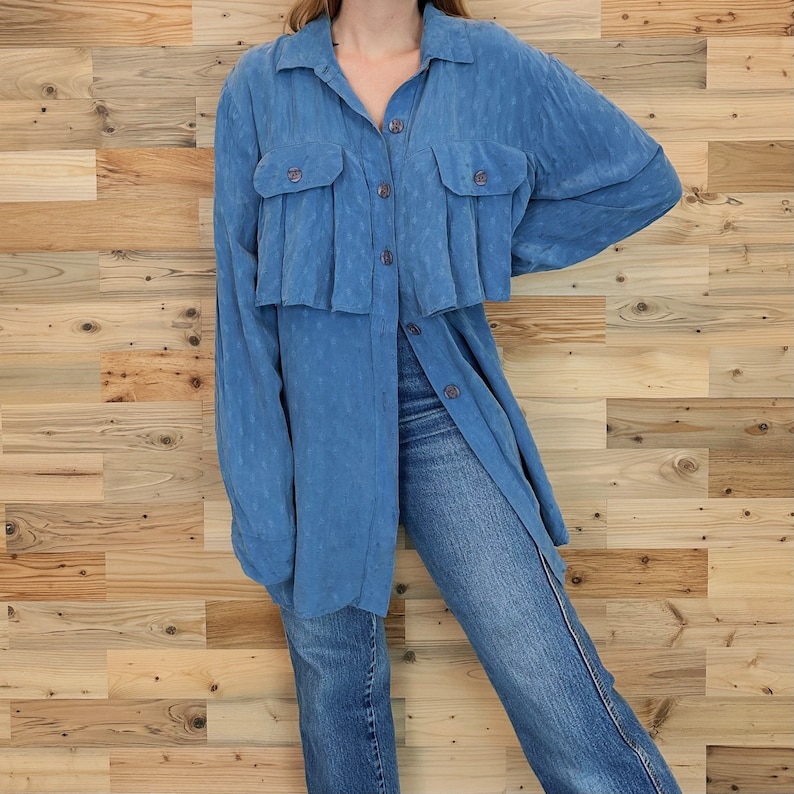 Vintage Silk Blue Ruffled Button Up Blouse image 7