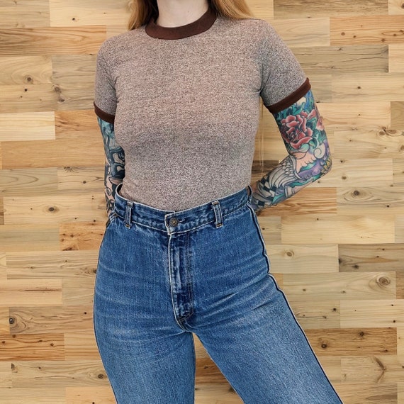 70's Vintage Heather Brown Ringer Baby Tee Shirt / Youth Size Medium, Women's XXS-XS