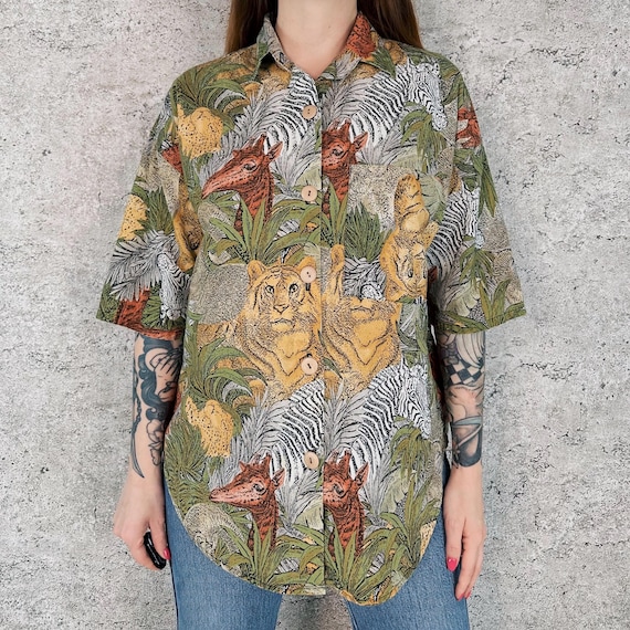 Vintage Safari Animals Print Button Up Collared Blouse Top Shirt