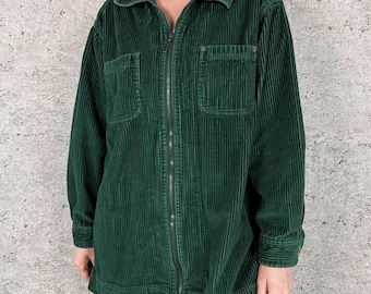 90's Vintage Forest Green Wide Whale Corduroy Shirt Jacket