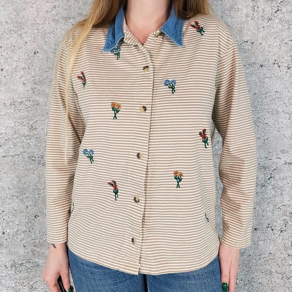 90's Vintage Embroidered Floral Striped Soft Cotton Denim Collar Shirt