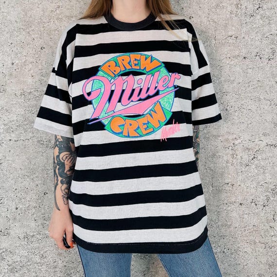 80's Miller Beer Brew Crew Striped Vintage Tee Shirt T-Shirt