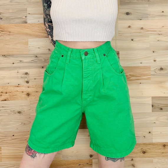 90's High Rise Green Denim Long Loose Jean Shorts / Size 26 27