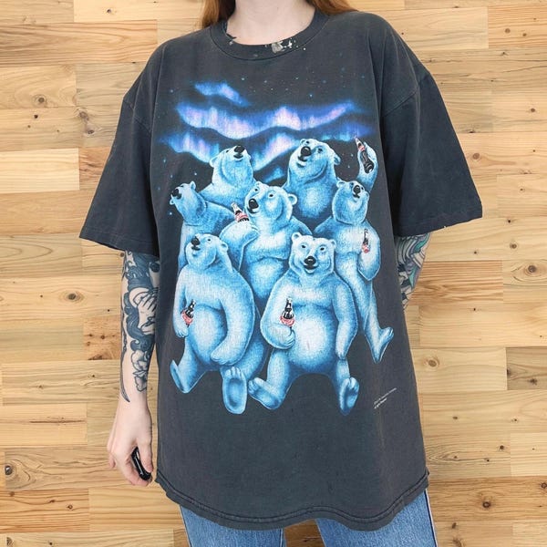 Vintage 1994 Coca-Cola Eisbär Grafik verblasstes schwarzes T-Shirt