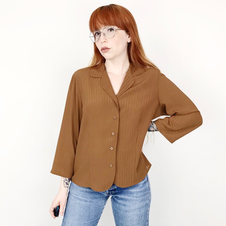 Minimalist Sheer Brown Striped Lightweight Button Up Blouse Women/'s size Small Medium M