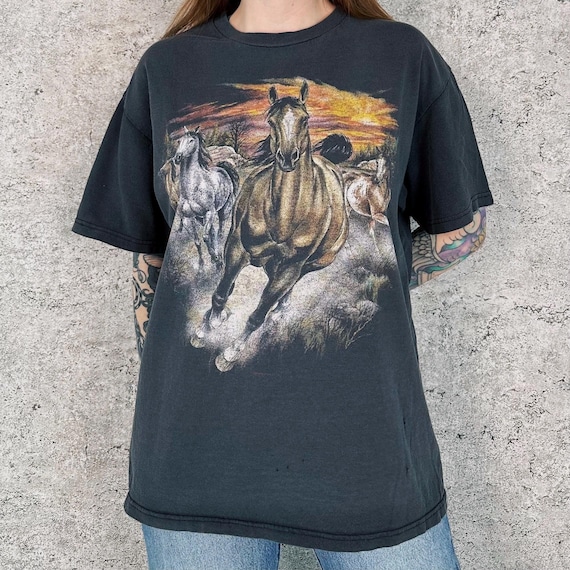 90's Vintage Horse Nature Faded Black Tee Shirt T-Shirt