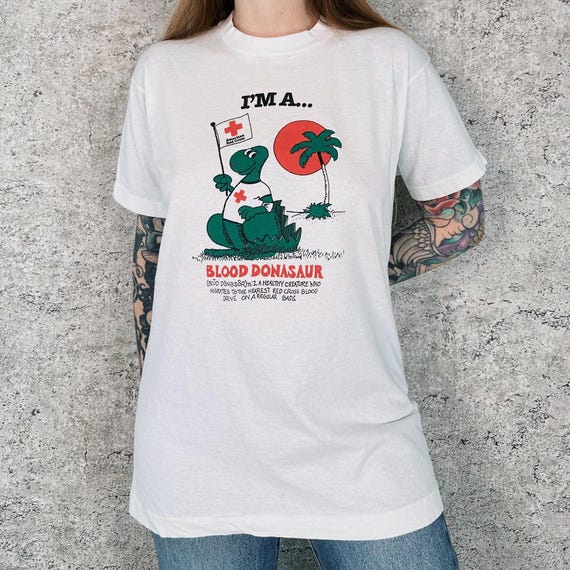 80's American Red Cross Blood Donasaur Vintage Tee Shirt T-Shirt
