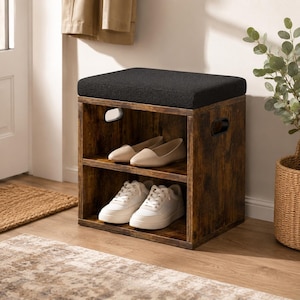 Small Shoe Storage Bench with Padded Seat, Rustic Brown Entryway Organizer, Adjustable Shelf and Cutout Handles