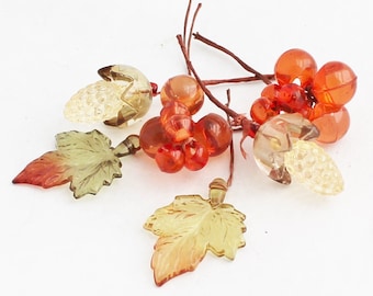 Artificial Fruit Picks | Vintage Lucite Corn Grapes Leaves | Fake Grape Leaves | Fall Fruit for Crafts | Fake Corn | Small Leaves Acrylic