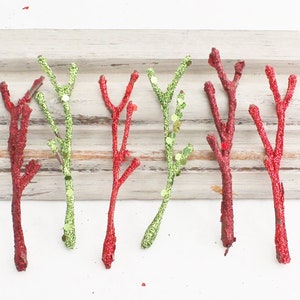 Glitter Red & Green Artificial Twigs Set of 6 | Christmas Greenery Picks | Fake Twig Embellishment Crafts | Faux Branches | Blue Hutch