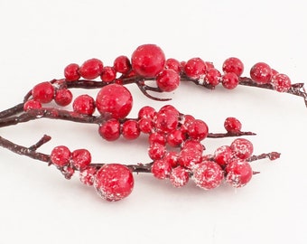 Snow Flecked Red Berry Pick | Artificial Berries | Fake Berry Stem | Winter Berries | Christmas Picks | Berry Wreath Filler Blue Hutch BE155
