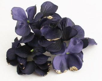 3 Dark Blue Hydrangea Clusters | Gilded Hydrangea | Millinery Flowers | Filler Flowers | Wedding | Flower Crown | Corsage | Blue Hutch HY313