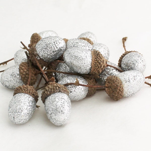 5 Glitter Silver Acorn Picks Fall Decor | Natural Acorn Caps | DIY Fall Picks | Fake Acorns Fall Floral Bowl Filler | Blue Hutch AC21